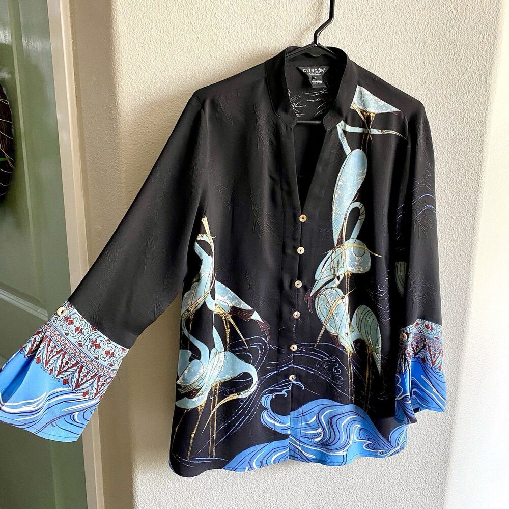 Citron Santa Monica Silk Japanese Crane And Wave Art Print Blouse Size Large